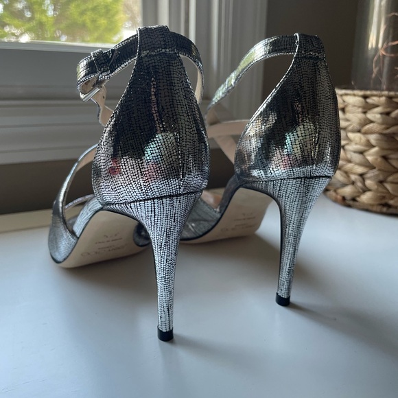 Jimmy Choo Emily 85 Metallic Silver Lizard Print Heels |  37.5 | Like New w/ Box - Picture 4 of 10